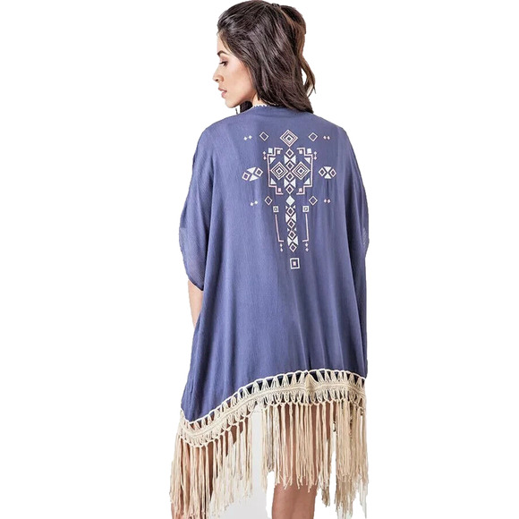 Umgee Top Size L Western Drape Cardigan Fairy Fringe Shawl Womens Kimono Duster - Picture 3 of 3